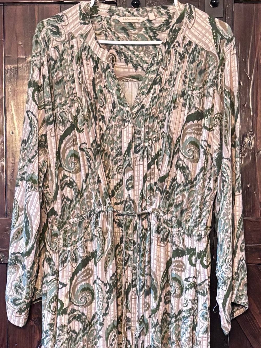 Soft Surroundings XL Paisley Maxi Dress Boho Long Sleeve Drawstring Waist